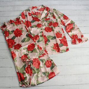 Their Nibs Women's Satin Pajama Set Size M Romance Roses Long Sleeve Top Pants